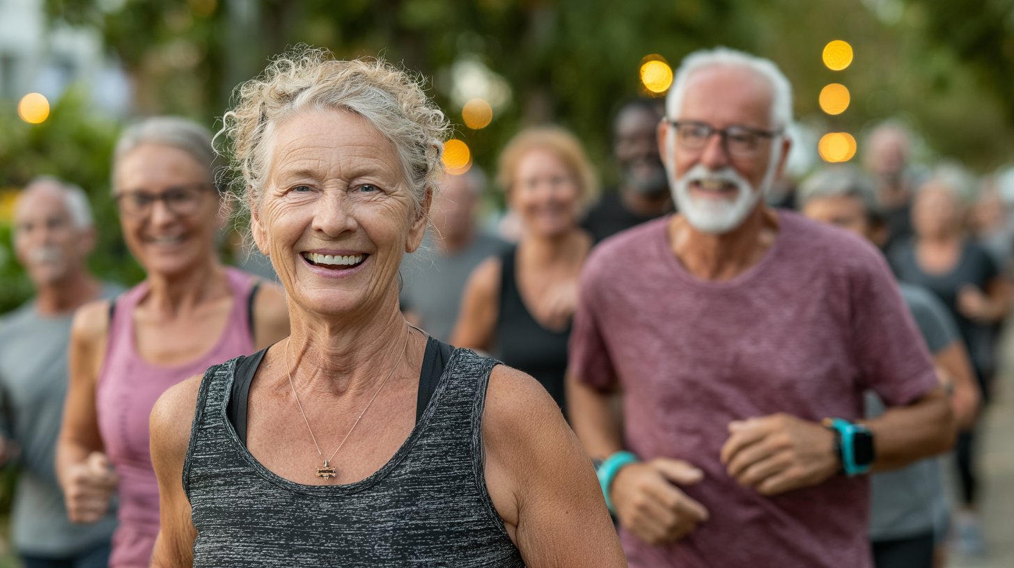 Група людей старшого віку займається фітнесом на природі